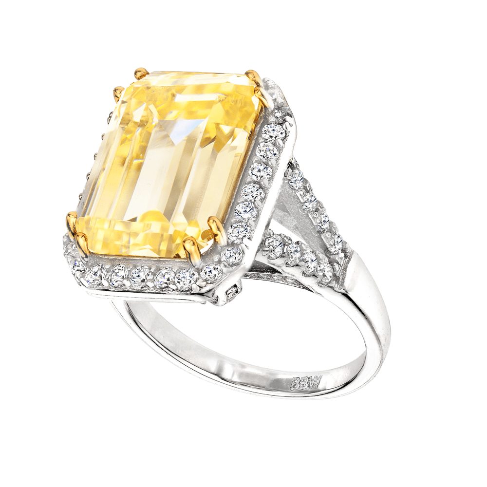 “Sterling Silver 8 Carat Fancy Light Yellow Emerald Cut Ring with 18 ...