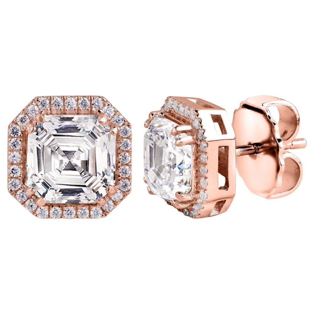 18 KGP Rose Gold 3 Carat Clear Asscher Cut Studs with Halo | Bling By Wilkening | Jewelry-Exposures International Gallery of Fine Art - Sedona AZ