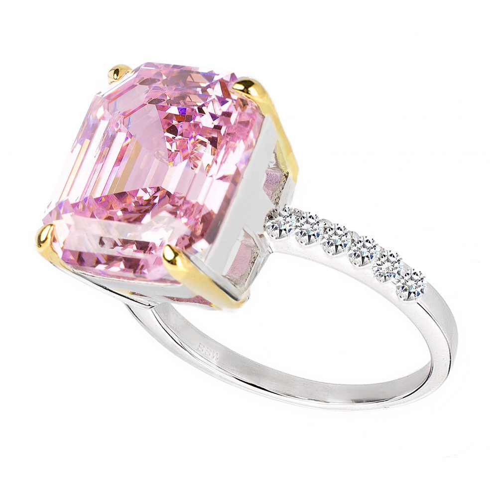 Sterling Silver Pink Asscher/Emerald-Cut Aspen Ring with 18 KGP Prongs-Bling by Wilkening Invented Cut | Bling By Wilkening | Jewelry-Exposures International Gallery of Fine Art - Sedona AZ